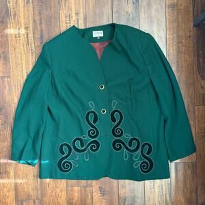 Vintage Kasper ASL Blazer Jacket Womens 18W Green Embroidered Embellished Floral